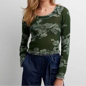 Free People Green Floral Long Sleeve Top